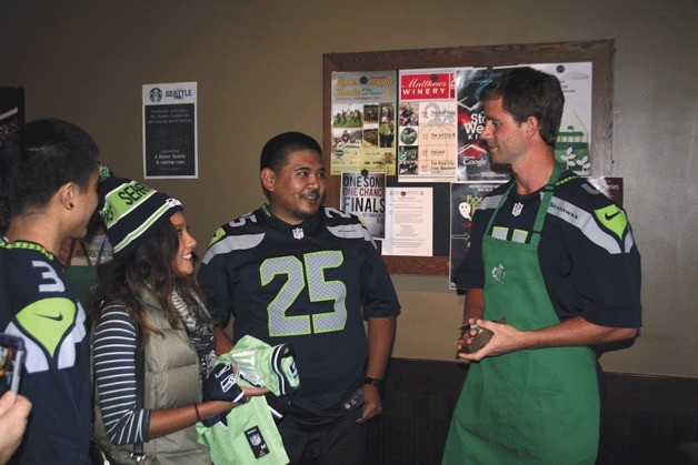 Seahawks placekicker Steve Hauschka made an appearance at the downtown Kirkland Starbucks on Wednesday to promote A Better Seattle campaign. Acting as a guest barista