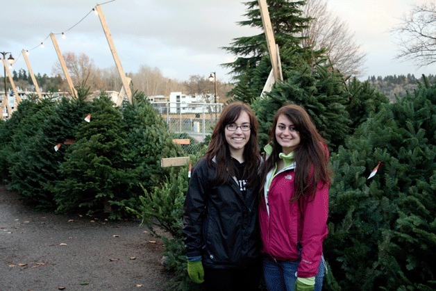 International Community School seniors Sophia Szilagyi (left) and Ioana Ungureanasu volunteer for Key Club at the Kiwanis Club of Kirkland tree lot at Juanita Beach Park. The Kiwanis Club has been selling trees in Kirkland since the 1950s. Proceeds fund children’s programs.