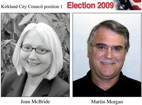 Joan McBride and Martin Morgan are running for Kirkland City Council position 1.