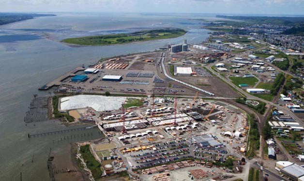 An aerial photograph of the pontoon casting basin and Grays Harbor in May 2012.