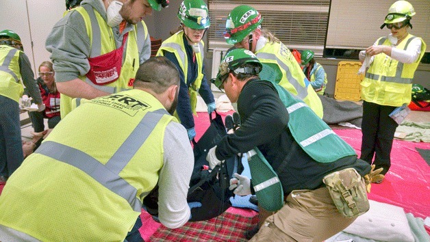 The Kirkland Community Emergency Response Team (CERT) program is hosting a drill so that their newly trained CERT participants can practice their disaster response skills.