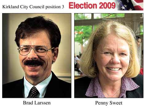 Brad Larssen and Penny Sweet are running for position 3 on the Kirkland City Council.