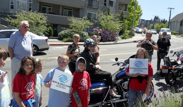 Nancy Guthrie gets ready for her first Harley ride with Councilmember Bob Sternoff