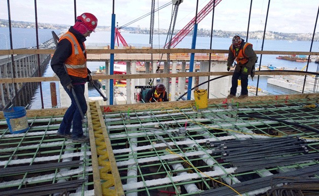 The new 520 bridge is starting to take shape as workers construct the new span linking Kirkland and Bellevue to Seattle across Lake Washington.