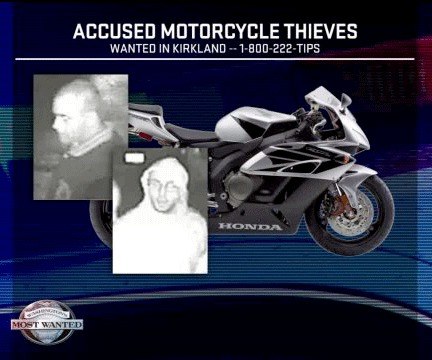 Two men were caught on camera as they stole a street bike from a Kirkland parking garage last week.