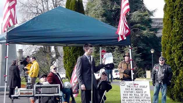 Jacob Kukuk speaks at a Feb. 8 pro-gun rally in Olympia with other organizations that are set to defend the 2nd Amendment.