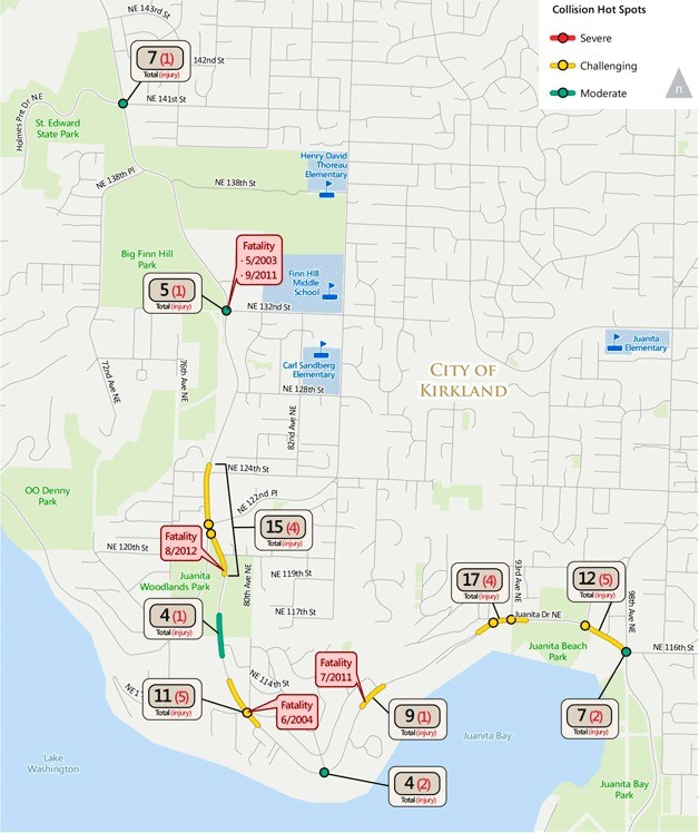 The map shows the collision hot spots on Juanita Drive.