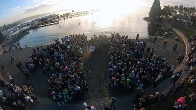 Hundreds of Kirkland residents showed up to Marina Park in 2014 for a Seahawks rally. They all gathered in the shape of a 12 to show their 12th Man pride.