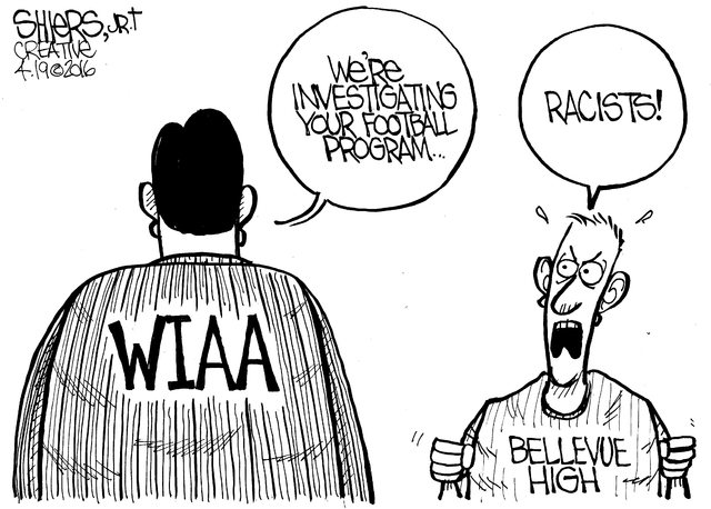 Bellevue High School response to WIAA football investigation. - Cartoon by Frank Shiers