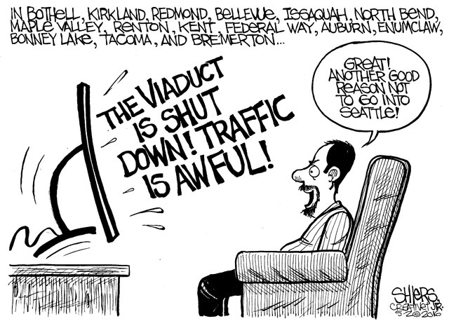 The viaduct is shut dow! Traffic is awful! | Cartoon - Frank Shiers