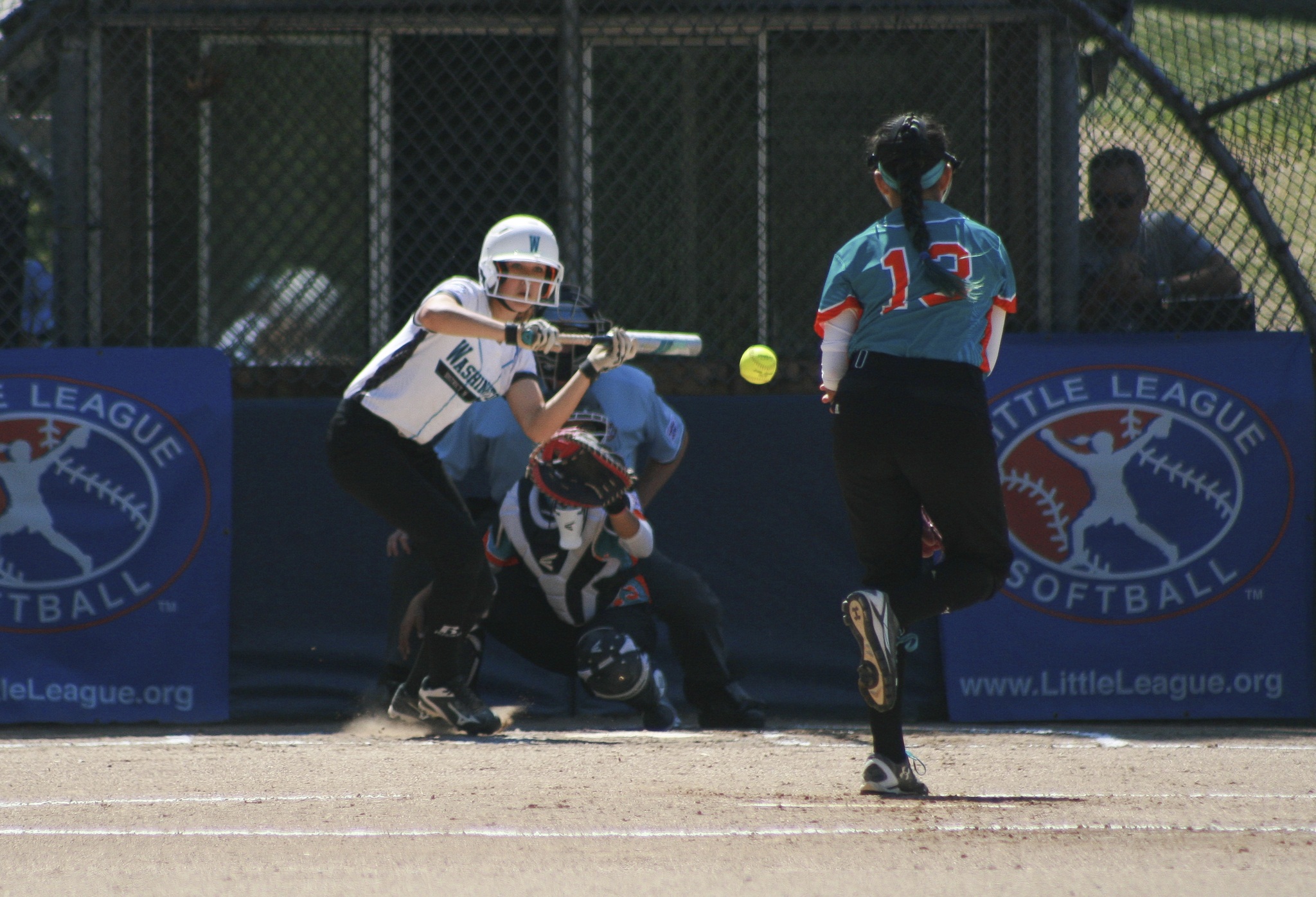 Kirkland’s Kaia Bradford bunts against Puerto Rico pitcher Karmary Gonzalez in the first inning on Thursday at Everest Park. Kirkland scored first