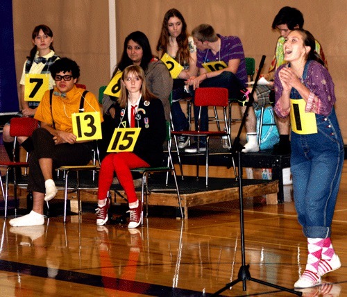 Lake Washington High School students rehearse for the production of the Putnam County Spelling Bee in the school’s gymnasium. Play participants include LWHS students Jessica Andrews