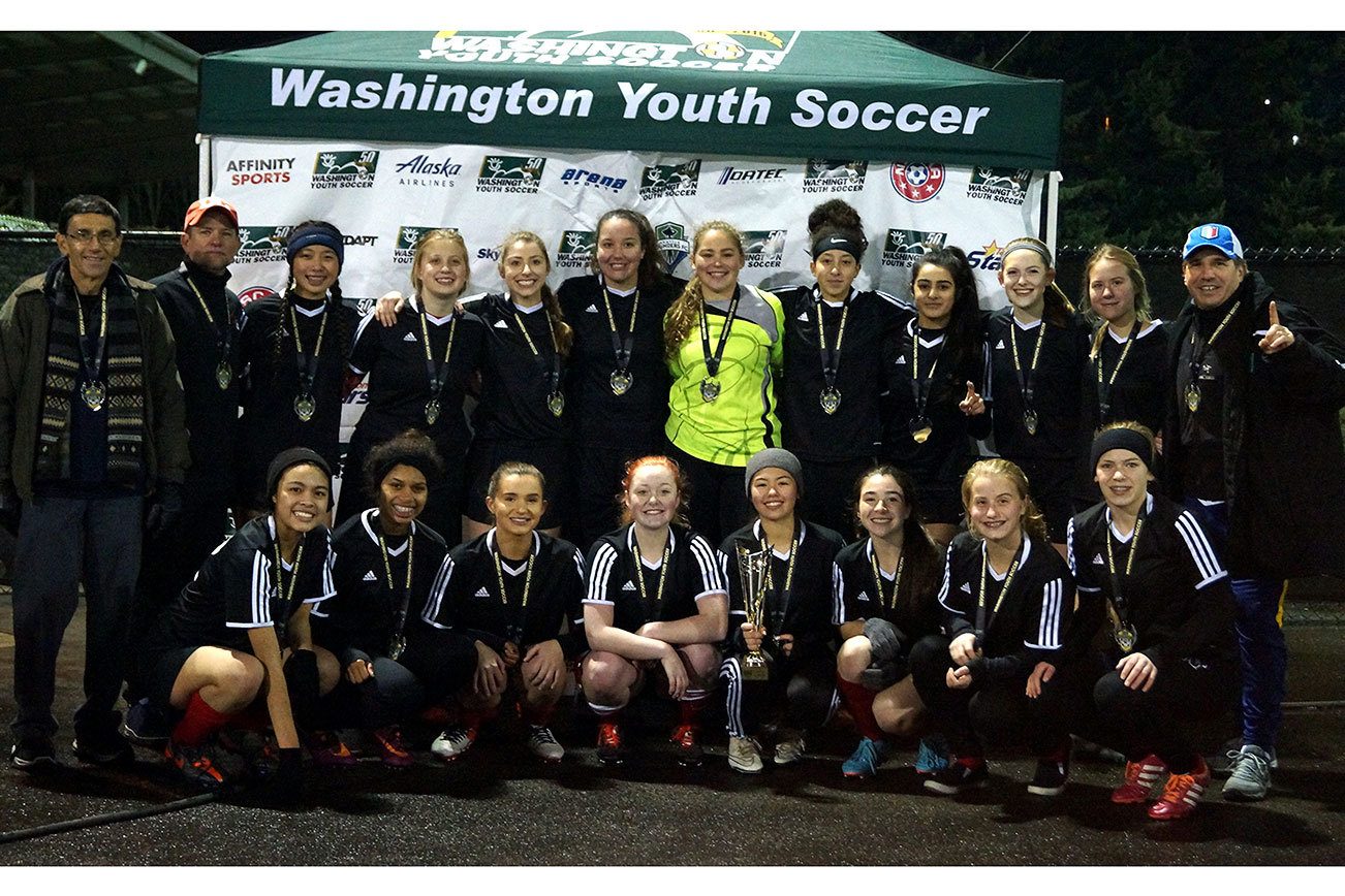 The Breakaway girls soccer team, back row from left: head coach Warren Ladiges, assistant coach Joel Enstrom, Kheisha Reyes, Laura Prows, Tali Izhaky, Kirsten Casper, Anna Densmore, Molly Ladiges, Amirah Imran, Emily Jensen, Astrid Bowden, and assistant coach Tony Schultz. Bottom row from left: Georgina Enciso, Jayla Kidd, Amelia Brady, Cassie Lee, Emma Enstrom, Sammy Schultz, Clara Pfundt and Heather Gengo. Contributed photo/Kelly Enstrom