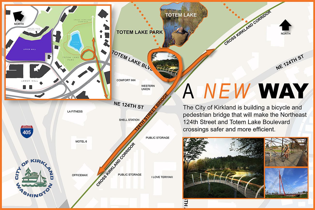 A map provided by the City of Kirkland shows where the Totem Lake Pedestrian Bridge would be. Contributed art