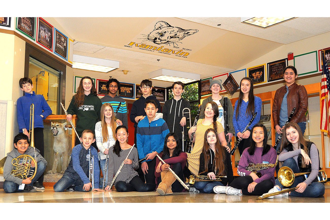 Kamiakin Middle School has 18 students selected to the 2017 Junior All-State Band, including: Dhruv Ashok, french horn; Danny Roeder, trombone; Amelia Hawkins, flute; Caleb Luca, trumpet; Fiona McDaniel, flute; Sagnik Sinha, clarinet; Karen Lu, flute; Liam Gibbs, percussion; Sebastian Kolde, oboe; Kimaya Wijeratna, flute; Andrew Ellis, trombone; Amy Courage, clarinet; Natalie Sauze, trumpet; Ella Geels, bassoon; Kaylei Virtue, clarinet; Madison Nguyen, saxophone; Aditi Saraf, clarinet; Rachel Gerhardt, trombone. Four of these remarkable musicians were accepted for two consecutive years: Wijeratna, Ellis, Kolde, and Gerhardt. Contributed photo