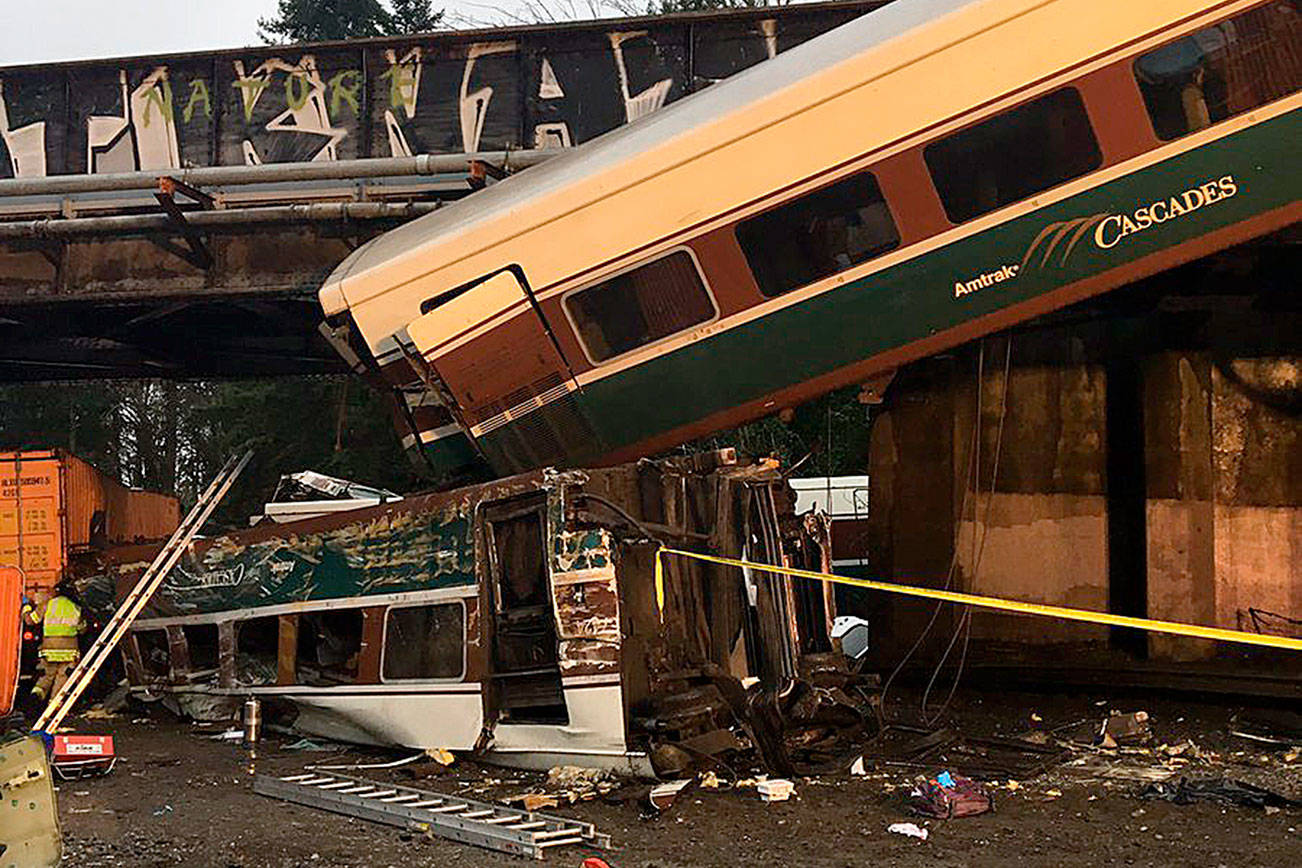 The Amtrak train 501 wreckage on Interstate 5 near DuPont. Courtesy of Washington State Trooper, Brooke Bova.