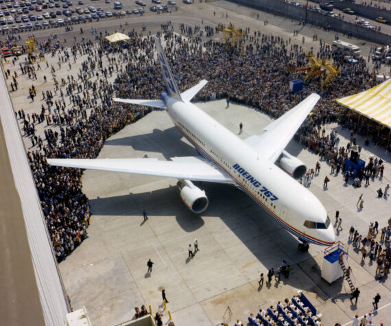 Aug. 4, 1981, was a memorable day for Boeing. The company’s first new commercial transport in more than a dozen years, the Boeing 767, rolled out of the Everett, Washington, plant in front of 15,000 onlookers. This widebody airplane was the first of a new generation of Boeing commercial transports designed for the fuel-conscious 1980s. Using the latest technology, the 767 promised to burn 30 percent less fuel than the generation of transports it was replacing. (Courtesy photo)